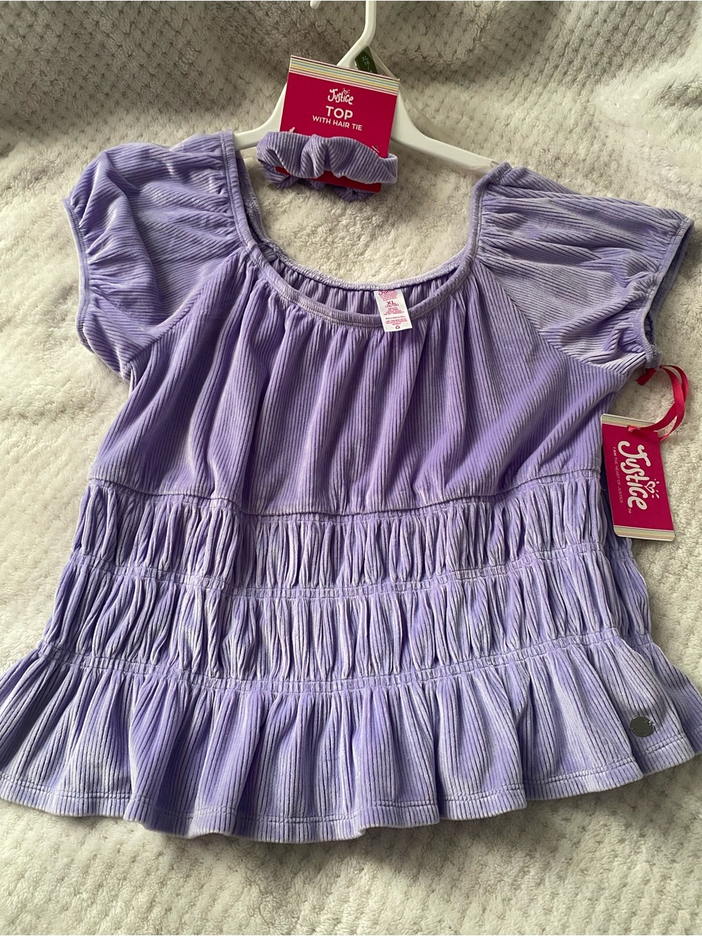 Justice Girls Puff Short Sleeve Smocked Top, Size XL16/18 With Hair Tie NWT
